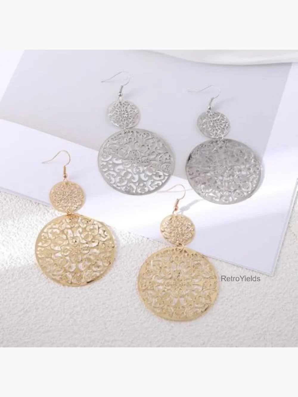 Boho Filigree Geometric Dangle Drop Earrings for Women, Double Round Disc